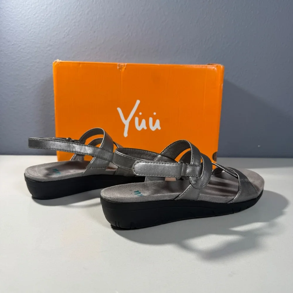 Yuu Janne‎ Women Metallic Pewter Wedge Sandals Strappy Slingback 6M BTS16-10422